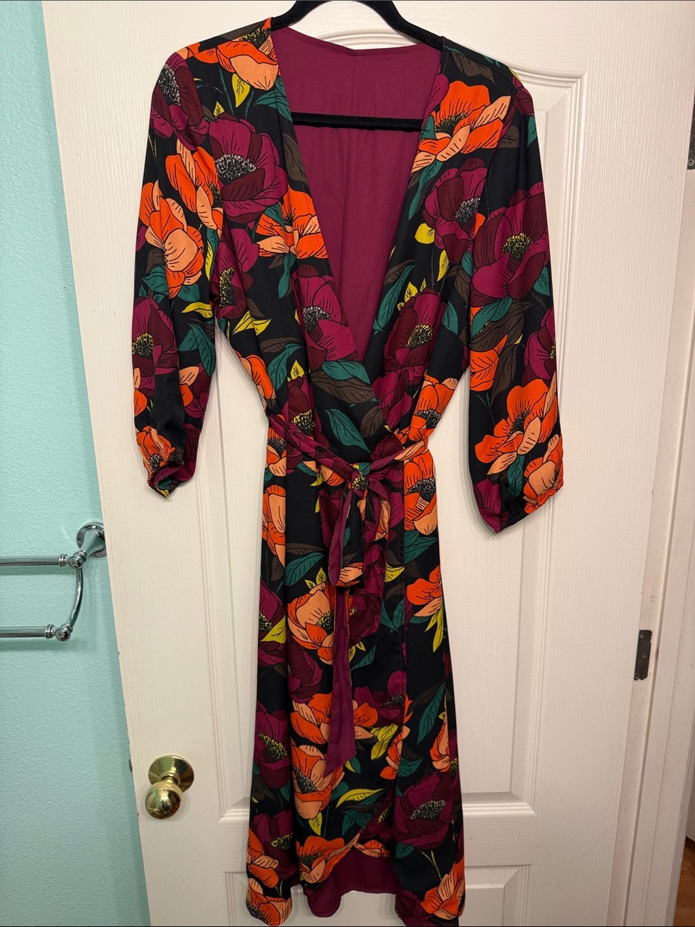 Floral Wrap Midi Dress in Black with Orange & Plum